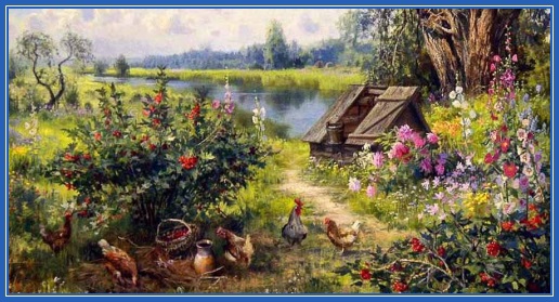 Цветы, картина, речка