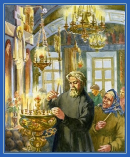 Храм, свечи, подсвечник, странник