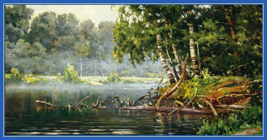 Картина, лето, пруд, река, березы