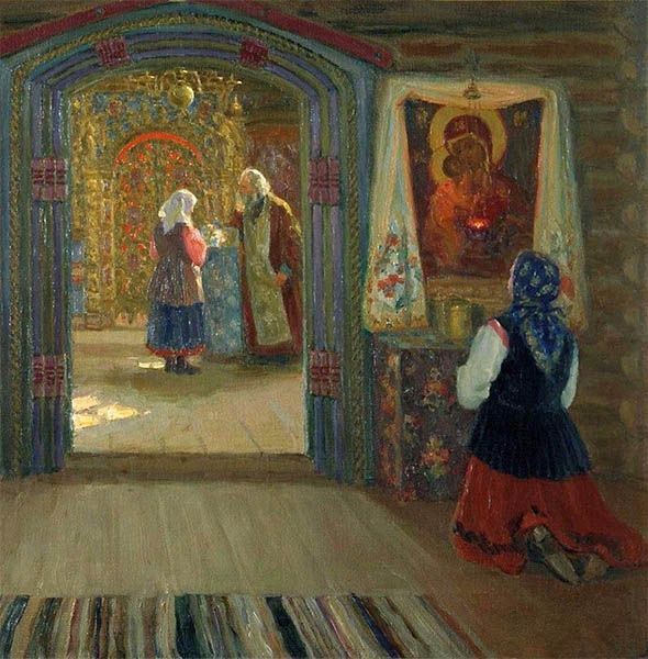 На коленях перед иконой